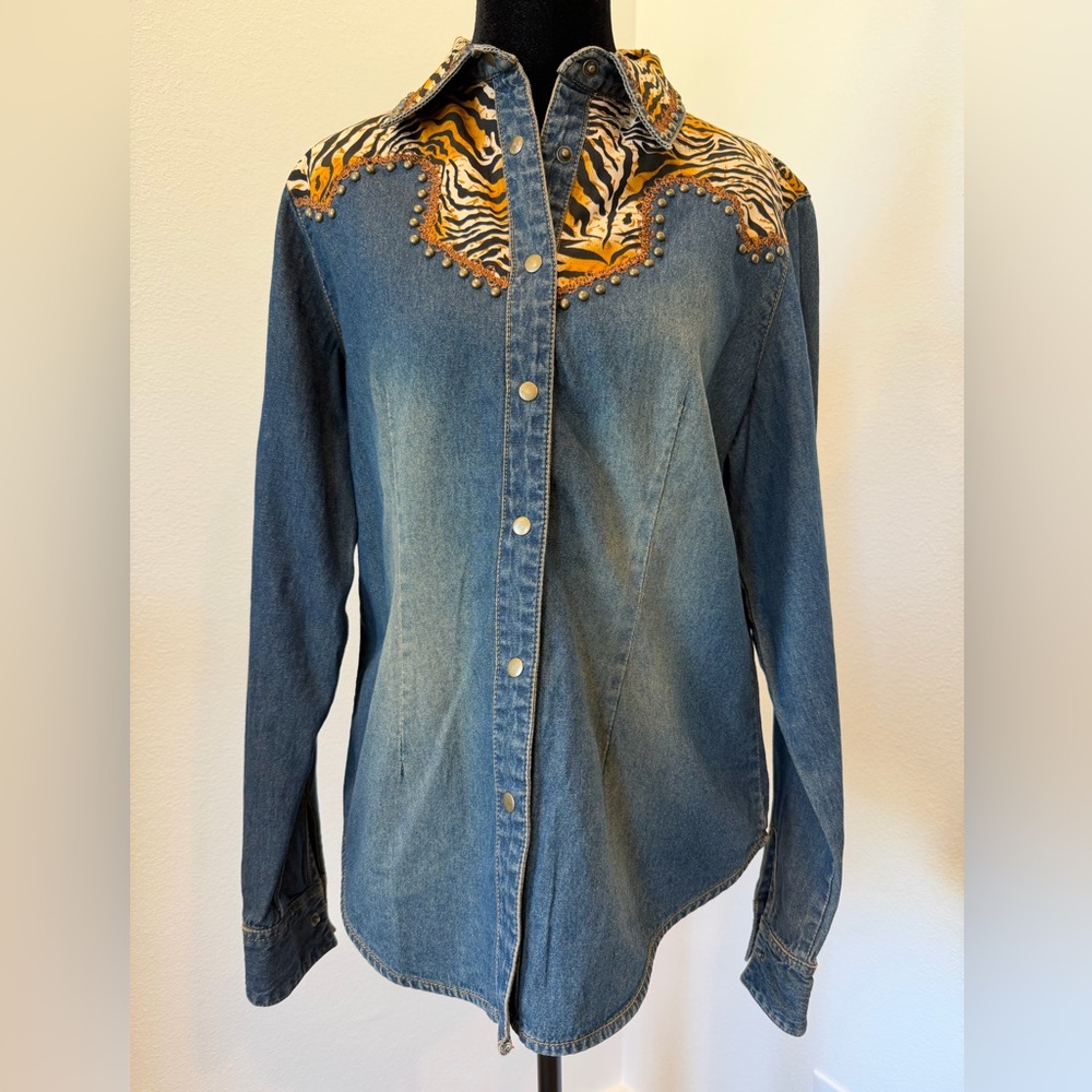 James Gordon Denim Shirt with Animal Print, Studs and Snaps-Medium